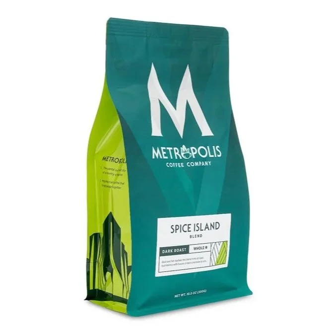 A bag of Metroplitis Coffee Company's Spice Island blend dark roast coffee.