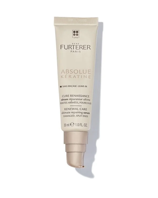 A tube of Rene Furterer Absolute Keratine Renewal Care serum for damaged and split ends of hair.