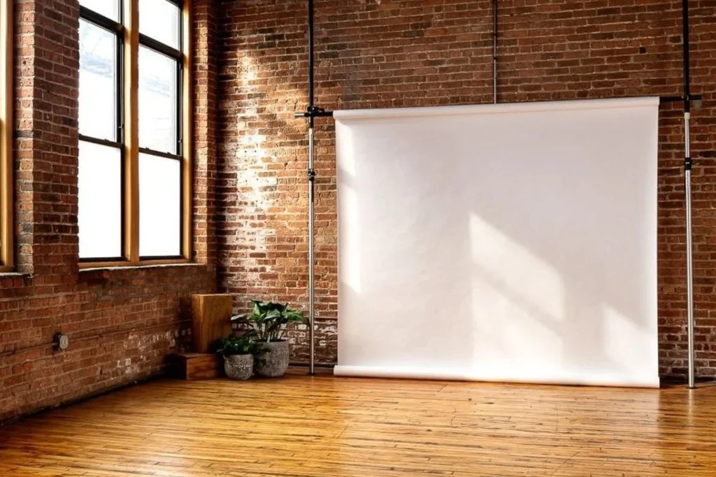 Empty room with brick walls, large windows, hardwood floor, white backdrop on stands, and potted plants by the window.