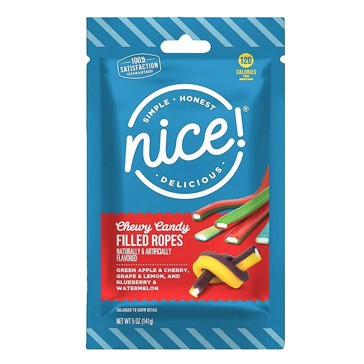 A blue bag of nice! chewy candy filled ropes with green apple & cherry, grape & lemon, and blueberry & watermelon flavors.
