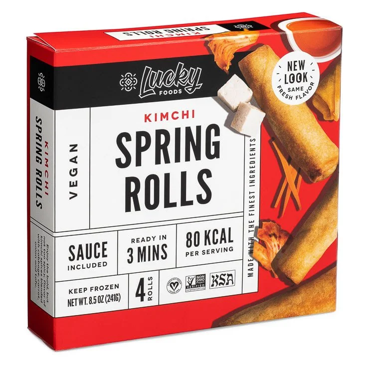 Box of Lucky Foods Kimchi Spring Rolls with an image of spring rolls, dipping sauce, and chopsticks on the packaging.