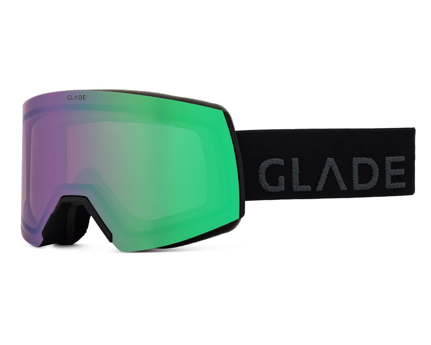 Snowsports goggles with a black strap and a reflective green and purple lens.