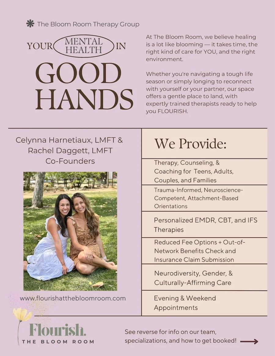 A flyer for The Bloom Room Therapy Group with details about mental health services, including therapy, counseling, trauma-informed care, and evening appointments. Features a photo of two smiling women sitting on grass outdoors. The flyer has a lavender background, a yellow flower graphic, and information about the co-founders and services offered.