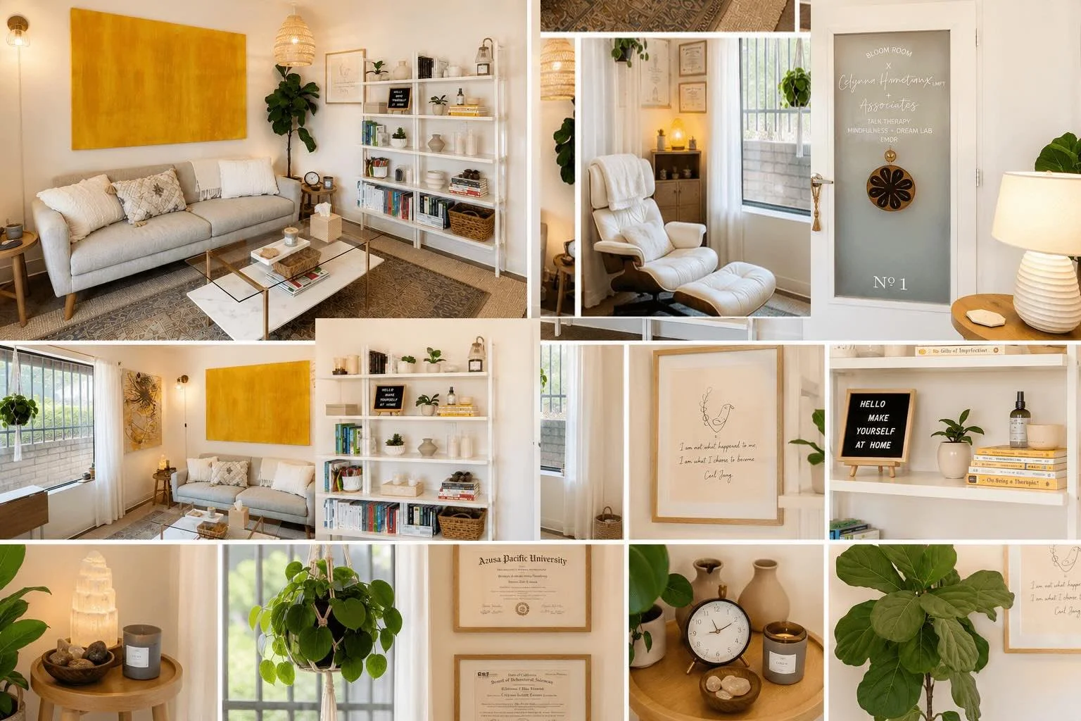 Collage of cozy living room with white and beige decor, bookshelves, green plants, wall art, and natural lighting.