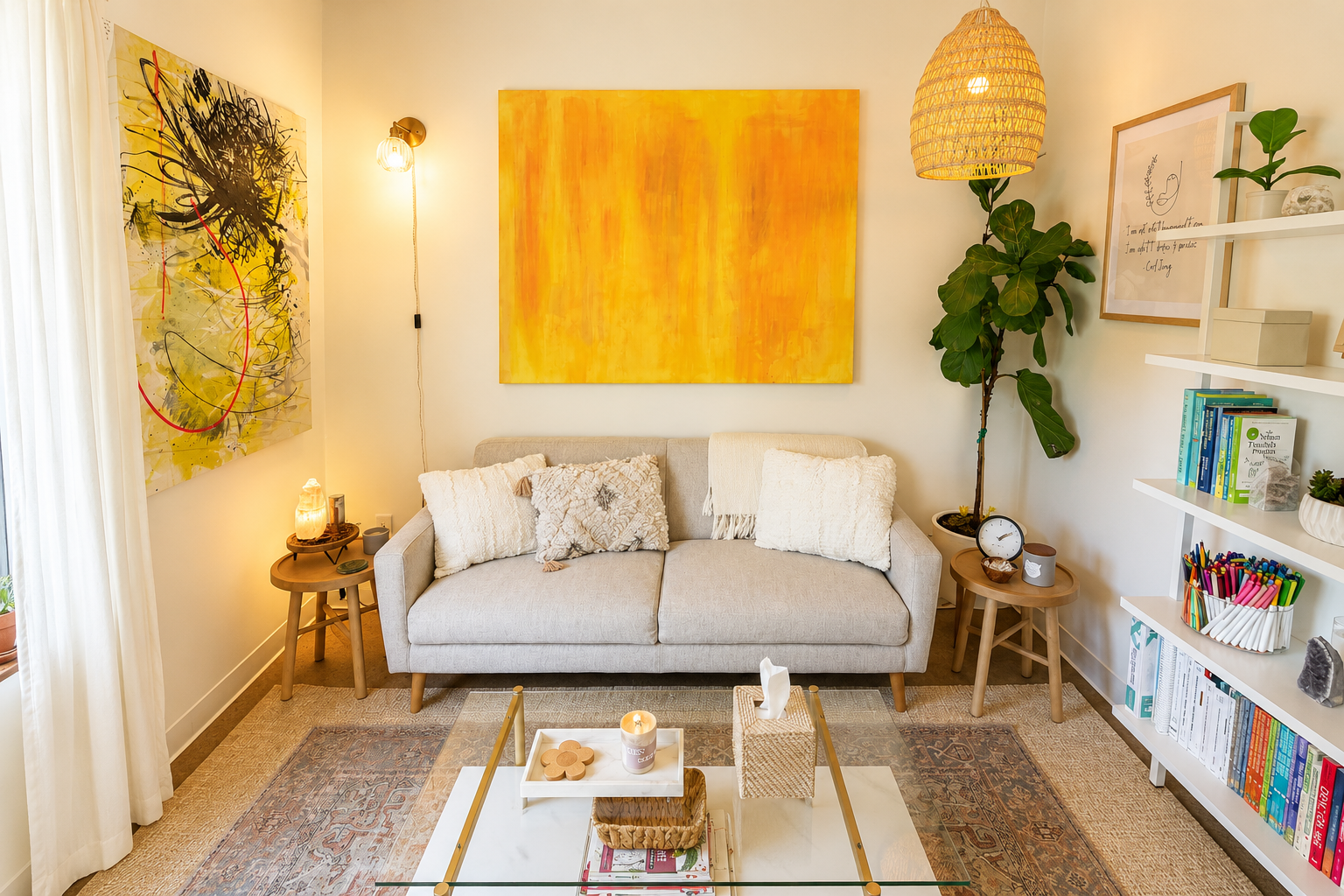 Cozy living room with a beige sofa, colorful abstract artwork, yellow canvas, green indoor plant, white bookshelf, and warm lighting.
