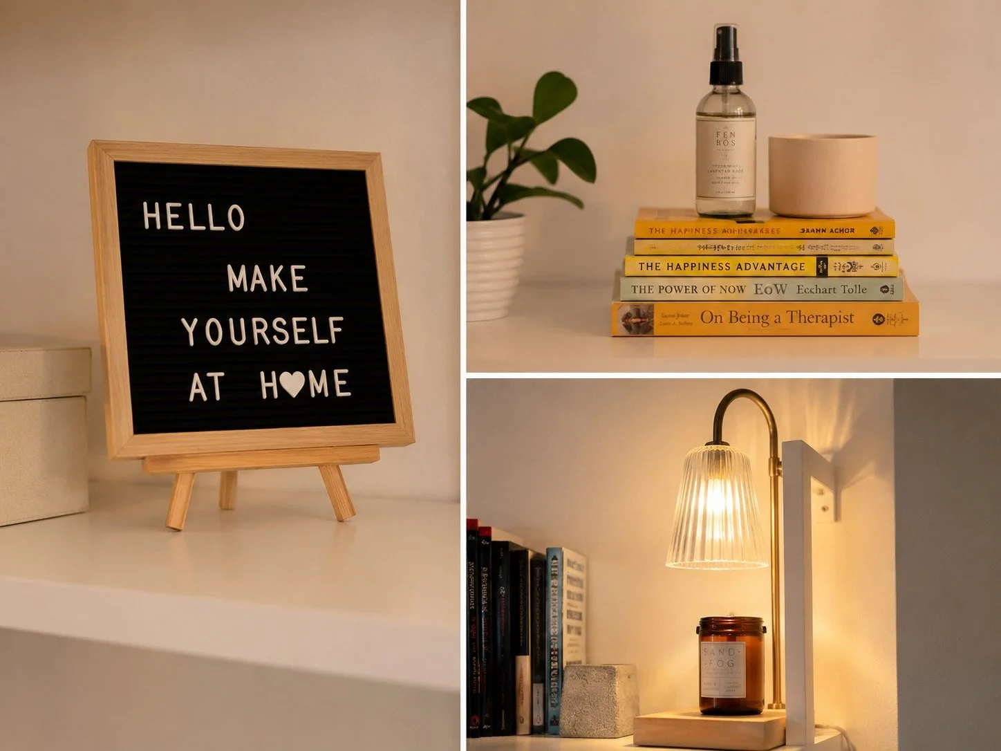 Decorative collage of home decor items including a black letter board with white letters that says 'Hello Make Yourself at Home,' a stack of books with the top one titled 'On Being a Therapist,' a spray bottle on top of the books, a beige ceramic bowl, a small potted plant, a table lamp with a glass shade and brass arm, and a row of books on a shelf.