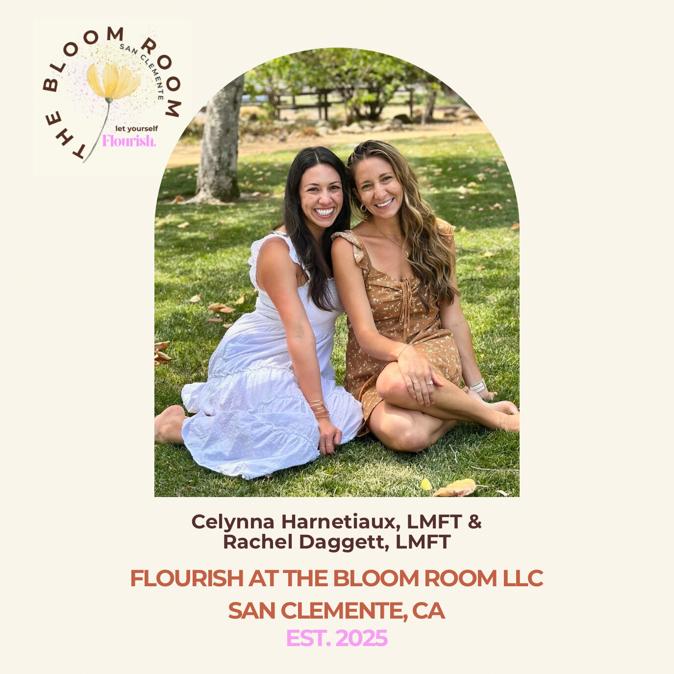 Two women sitting on grass outdoors, smiling at the camera. One has dark hair and is wearing a white dress, the other has light brown hair and is wearing a tan dress. There are trees and a fence in the background. The image also features text with names, titles, and business information.