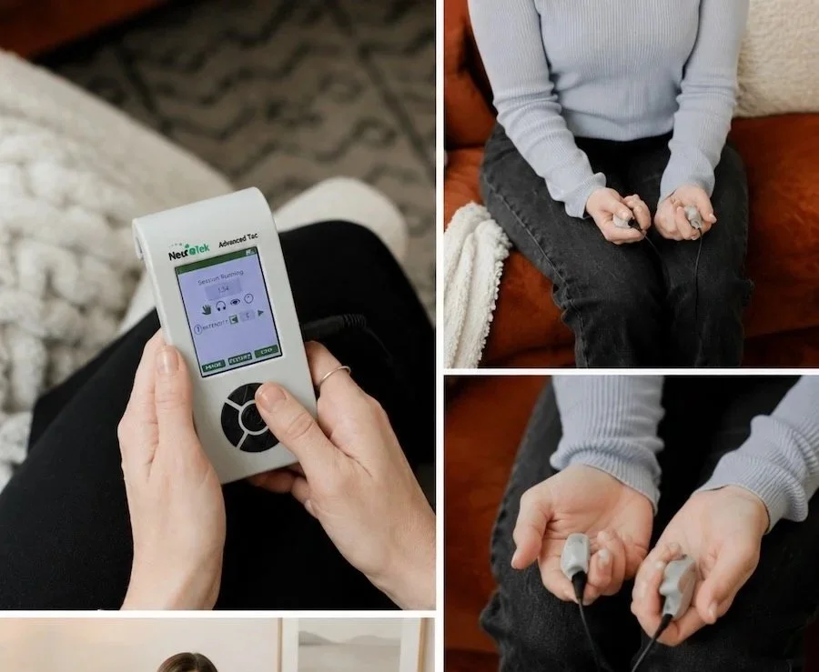 Person using a bilateral stimulation device for EMDR therapy for trauma with close-up images of their hands holding tiny electrical stimulators connected with wires, and a person sitting on a sofa with their legs crossed, holding a similar device.