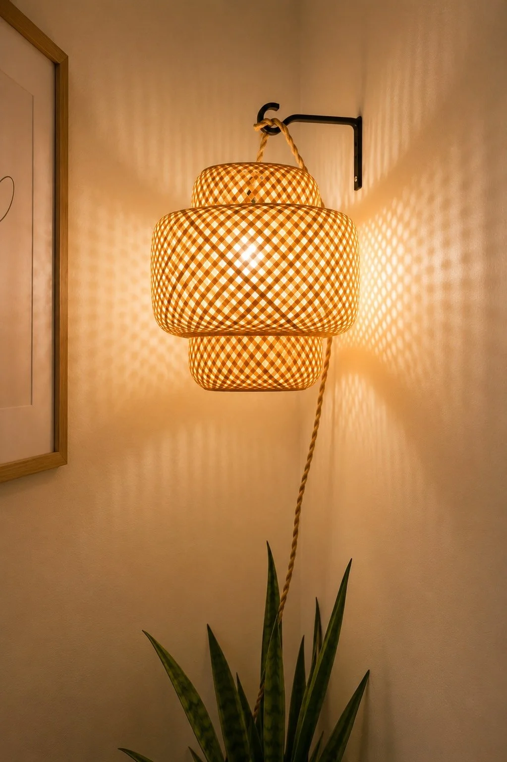 A floor lamp with a woven checkered lampshade in a beige and white pattern, mounted on the wall with a black fixture, casting patterned shadows on the wall. The lamp is attached to a plant with long green leaves at the bottom of the image.