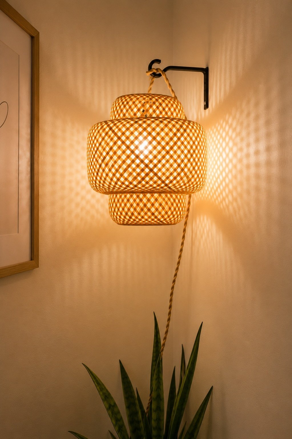 Decorative floor lamp with a checkered patterned lampshade emitting warm light, situated on a plant with long green leaves, against a beige wall with a framed picture.Inside San Clemente therapy office.