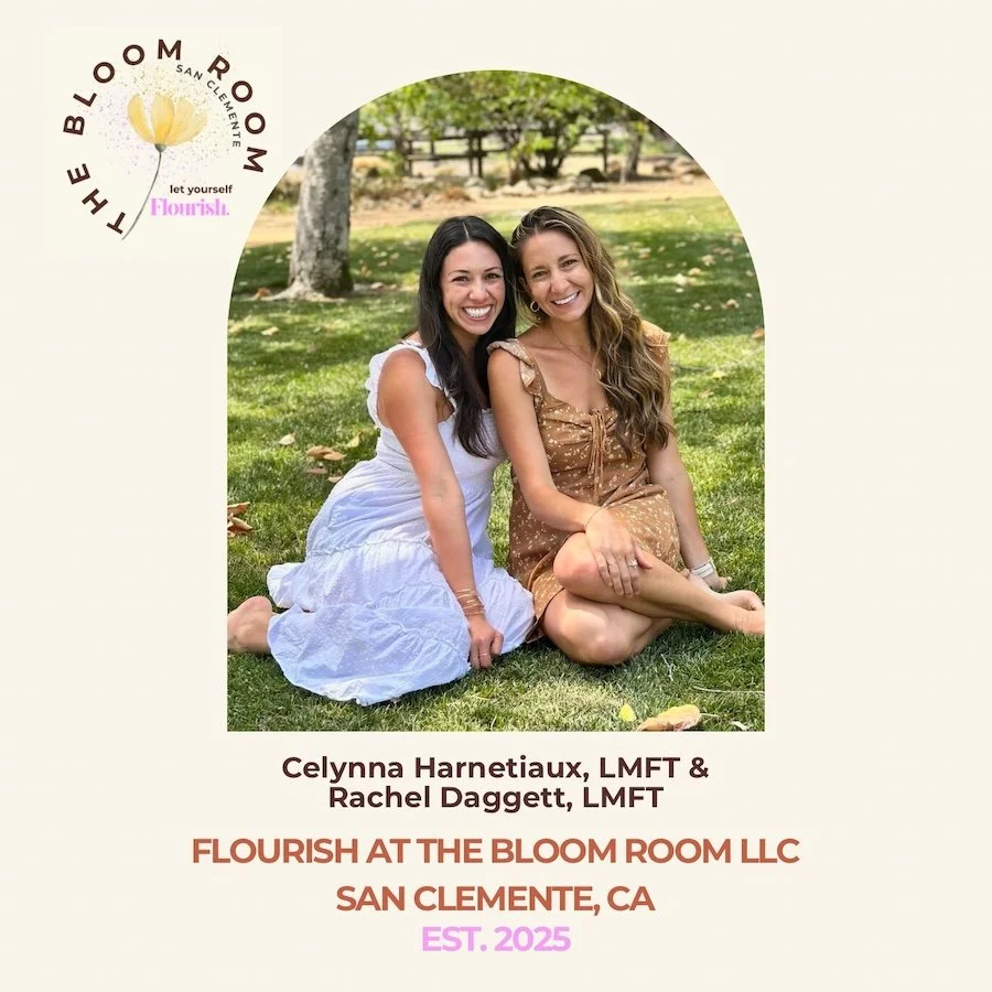 Two women sitting on grass outdoors, smiling at the camera, with trees in the background, surrounded by a beige background with floral and text elements promoting Flourish at the Bloom Room LLC in San Clemente, California, established 2025.