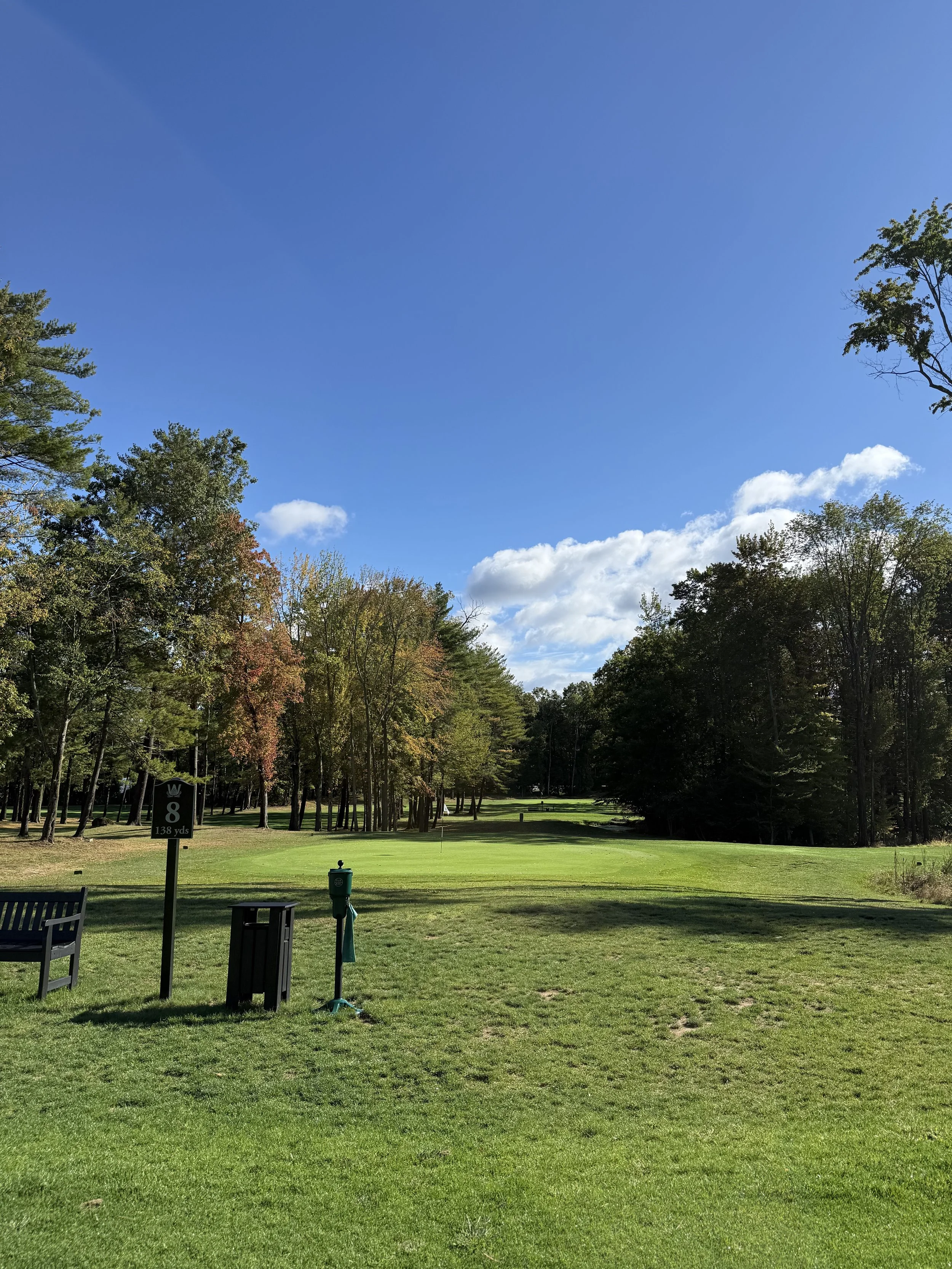 A golf course with lush green grass, surrounded by trees under a blue sky with a few clouds.