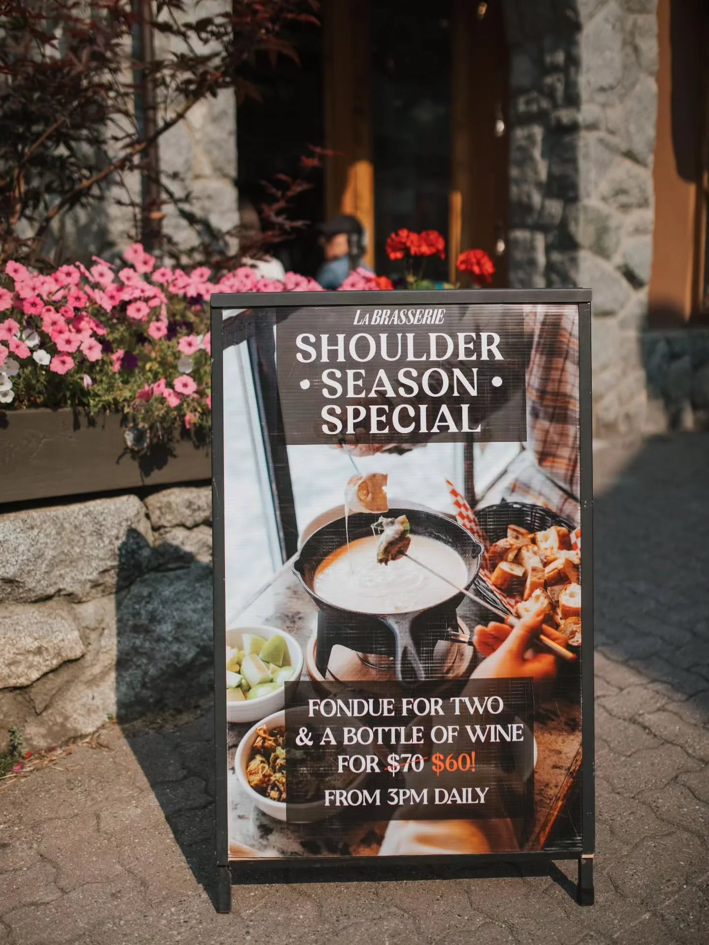 Shoulder season special is back!

Fondue for two and a bottle of wine for $60

From 3pm every day
