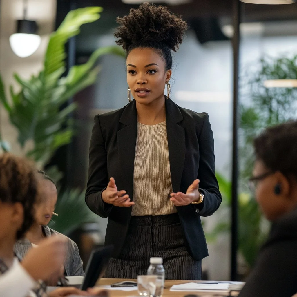 A Black woman leading a business meeting, emphasizing authentic leadership and the importance of avoiding stereotypes in marketing. This image reflects the power of showing diverse individuals in dynamic, non-stereotypical roles.