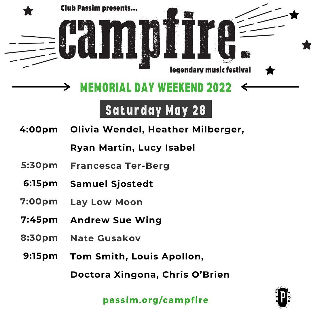 So excited and honored to be back at @clubpassim Campfire Festival this weekend!! I&rsquo;ll be hitting at 9:15PM on Saturday, 5/28 in a round with some amazing musicians and I&rsquo;m looking forward to checking out the other artists throughout the 