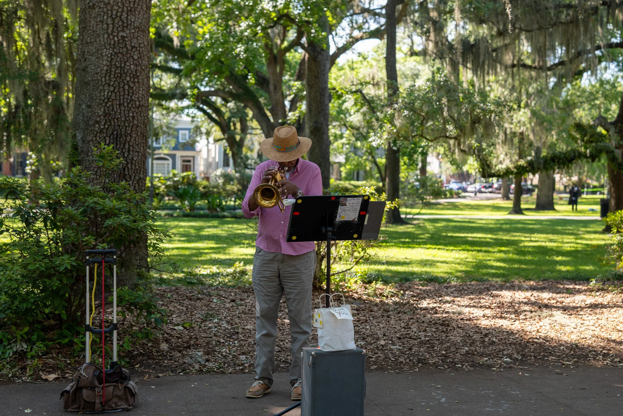 A musician in Forsyth Park in Savannah, GA