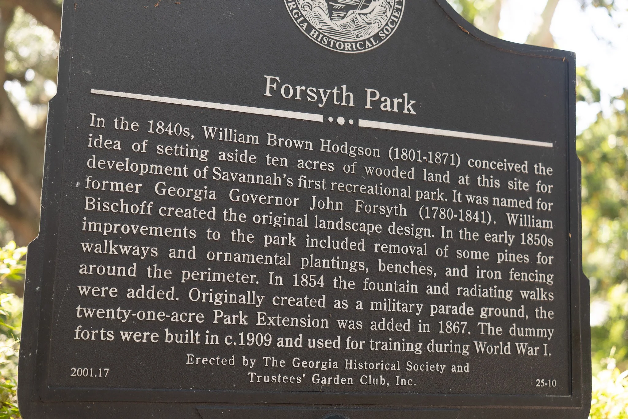 Forsyth Park Georgia Historical Society Sign