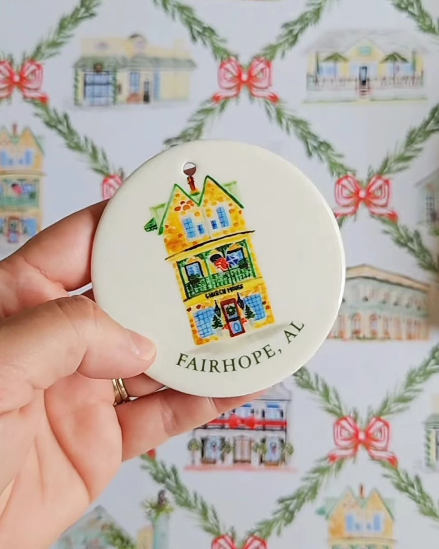 Did you know our Fairhope Christmas Ornament Gift Set was inspired by our &quot;Christmas Downtown&quot; wrapping paper?! Each of the 9 buildings featured on our wrapping paper are the same 9 buildings that make up this cute ornament set!  So cool, r