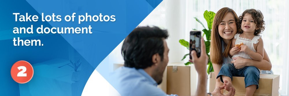 Tip 2: Take lots of photos and document them. A father photographs a woman and child at home.