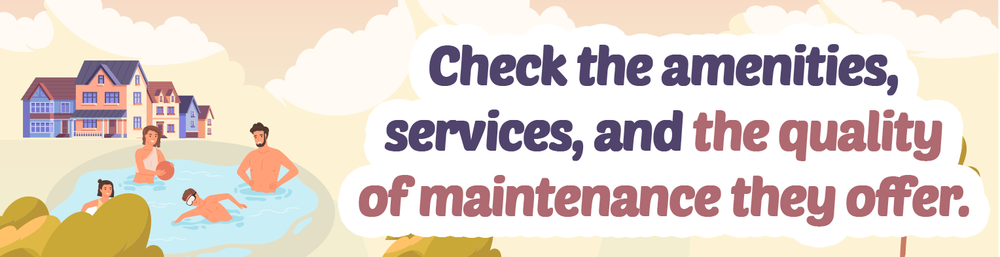 HOA banner advising buyers to check amenities, services, and maintenance quality, illustrated with a community pool and home.