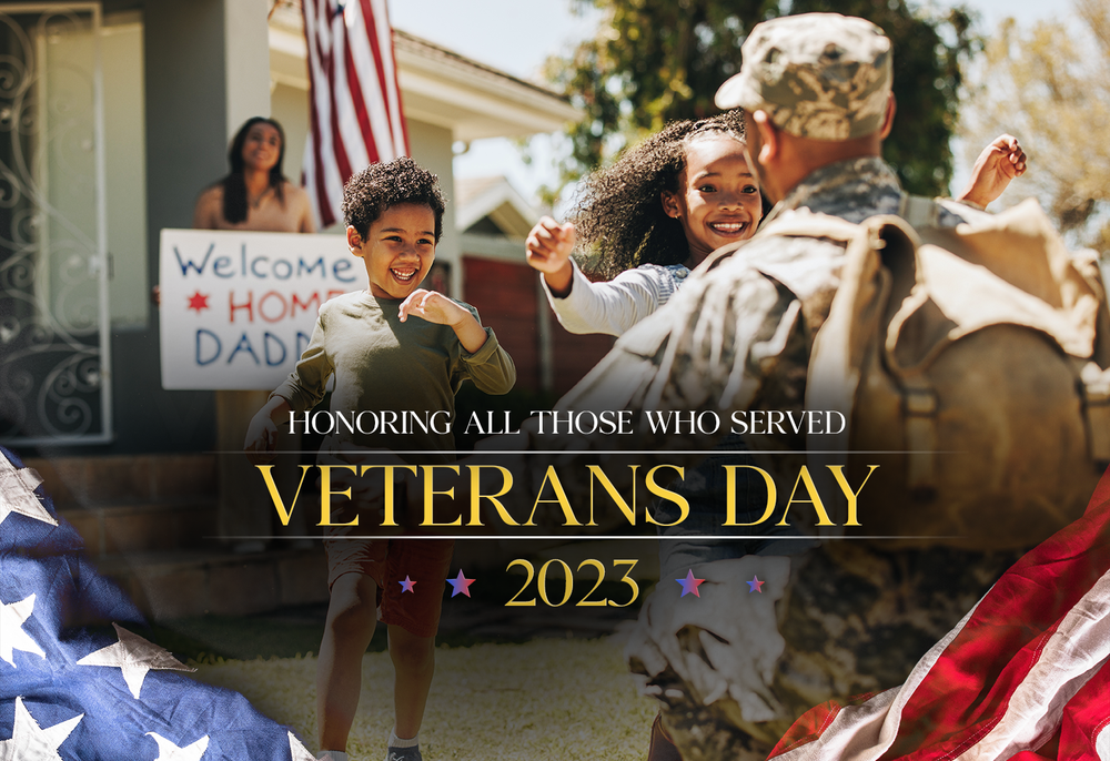 Veterans Day 2023 graphic showing a service member reunited with his children beside a Welcome Home Dad sign.