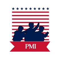 PMI badge honoring veterans with a U.S. flag and service-member silhouettes.