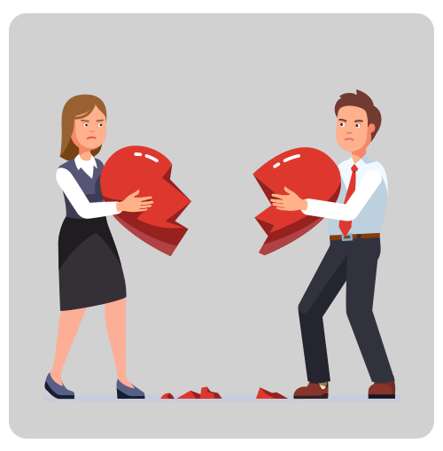 A woman and a man hold opposite halves of a broken red heart.