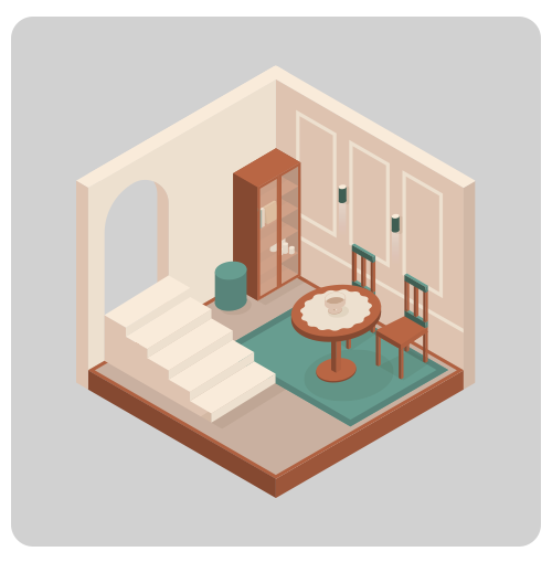 Isometric room illustration with a staircase, round table, two chairs, and teal rug.