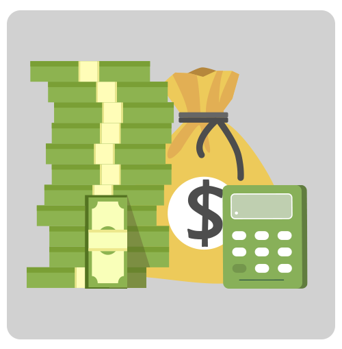 Illustration of cash, a money bag, a dollar sign, and a calculator.