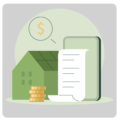Illustration of a house, stacked coins, a dollar symbol, and a document.