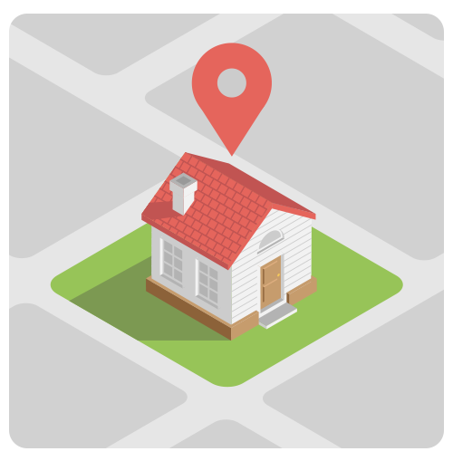 House with a red roof and a location pin on a street map.