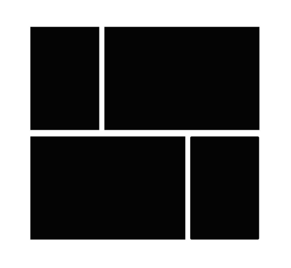 A collage of five black silhouette rectangles of various sizes on a white background.