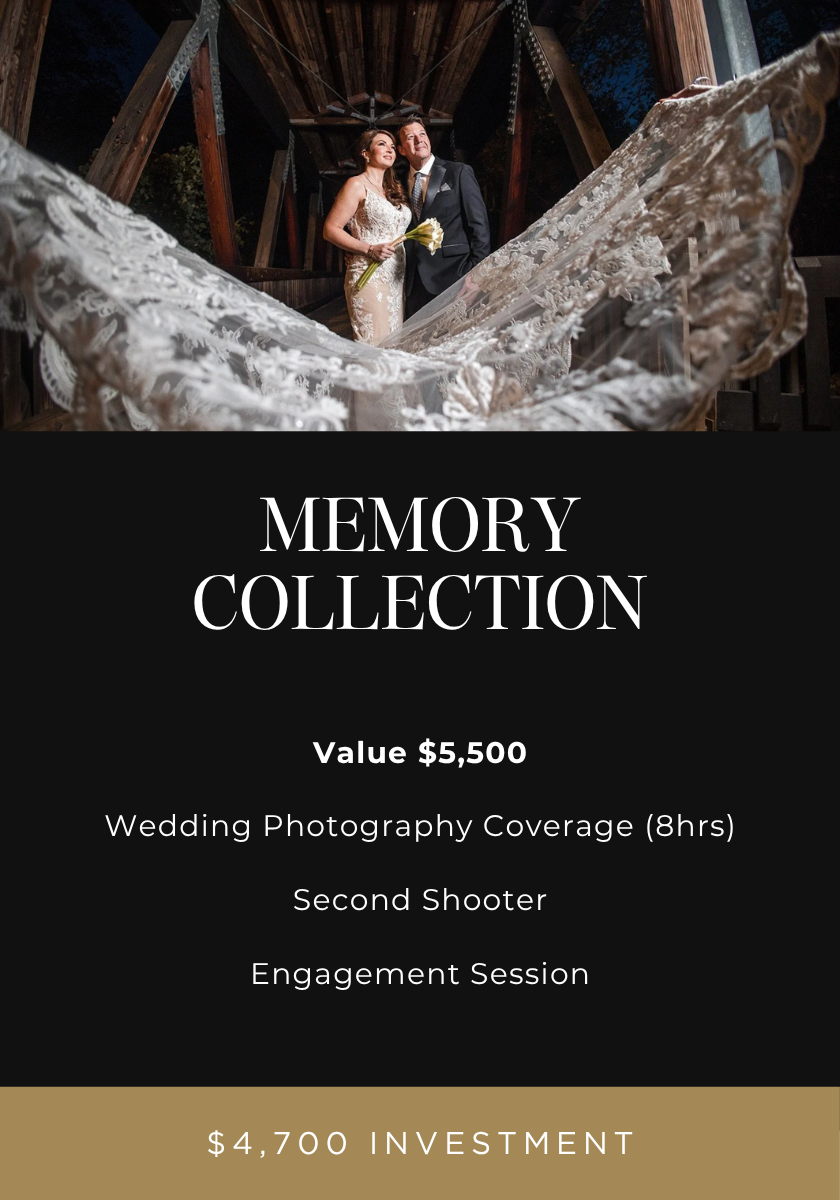 Wedding advertisement featuring a bride and groom standing under a wooden mantel adorned with lace fabric, with the bride holding a bouquet, against a dark outdoor background.