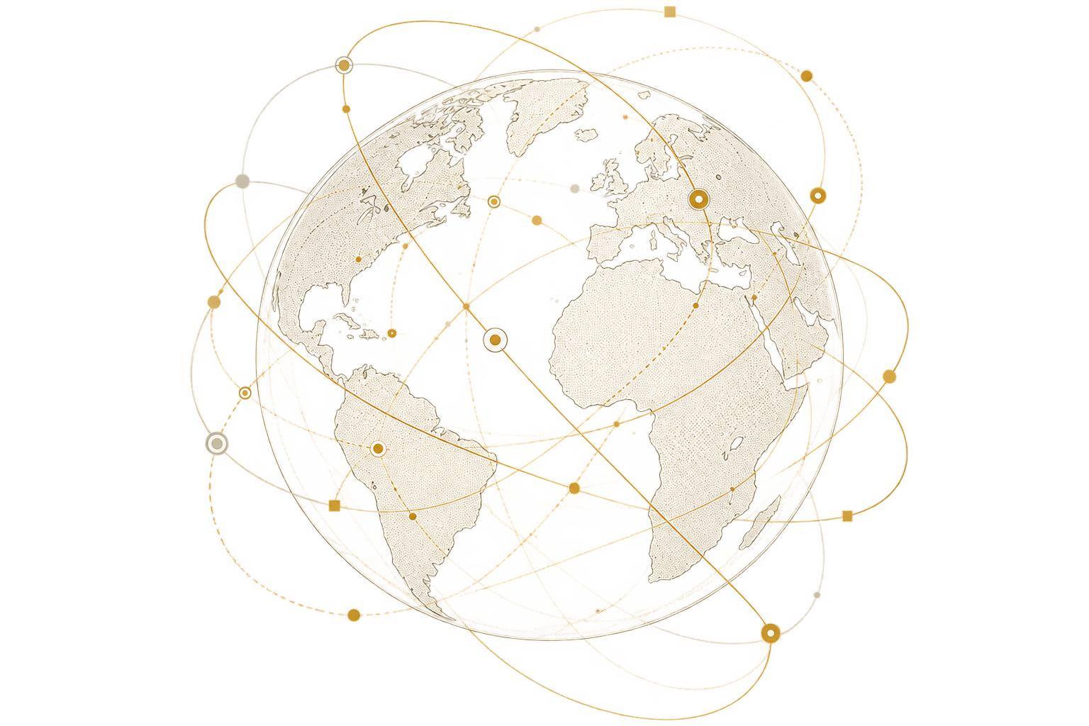 A digital illustration of a globe with interconnected nodes, representing global communication or data networks, on a gold and dark background.