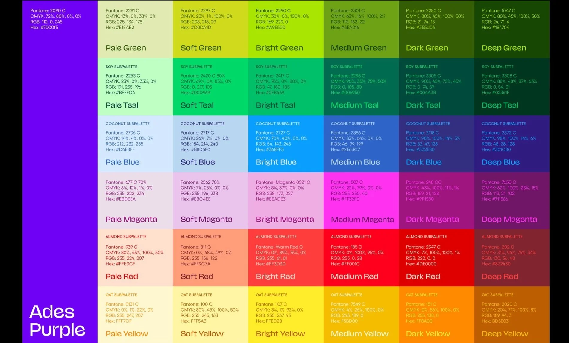 There are unique subpalettes for each product family in our portfolio (Soy, Coconut, Almond, and Oat). Due to existing industry color codes, we have adopted the system where essential and expanded upon it with tonal variations.
