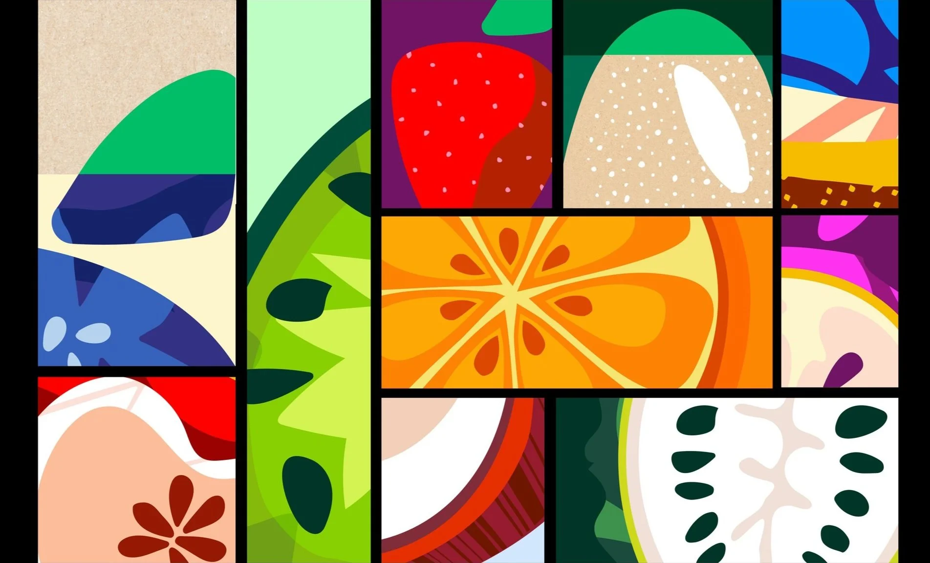Organic forms break up our gridded framework to make for a dynamic system that embodies an ever-evolving mix of flavors and experiences. Bold colors, shapes, textures, and imagery shift across each horizontal block in order to create compositions tha