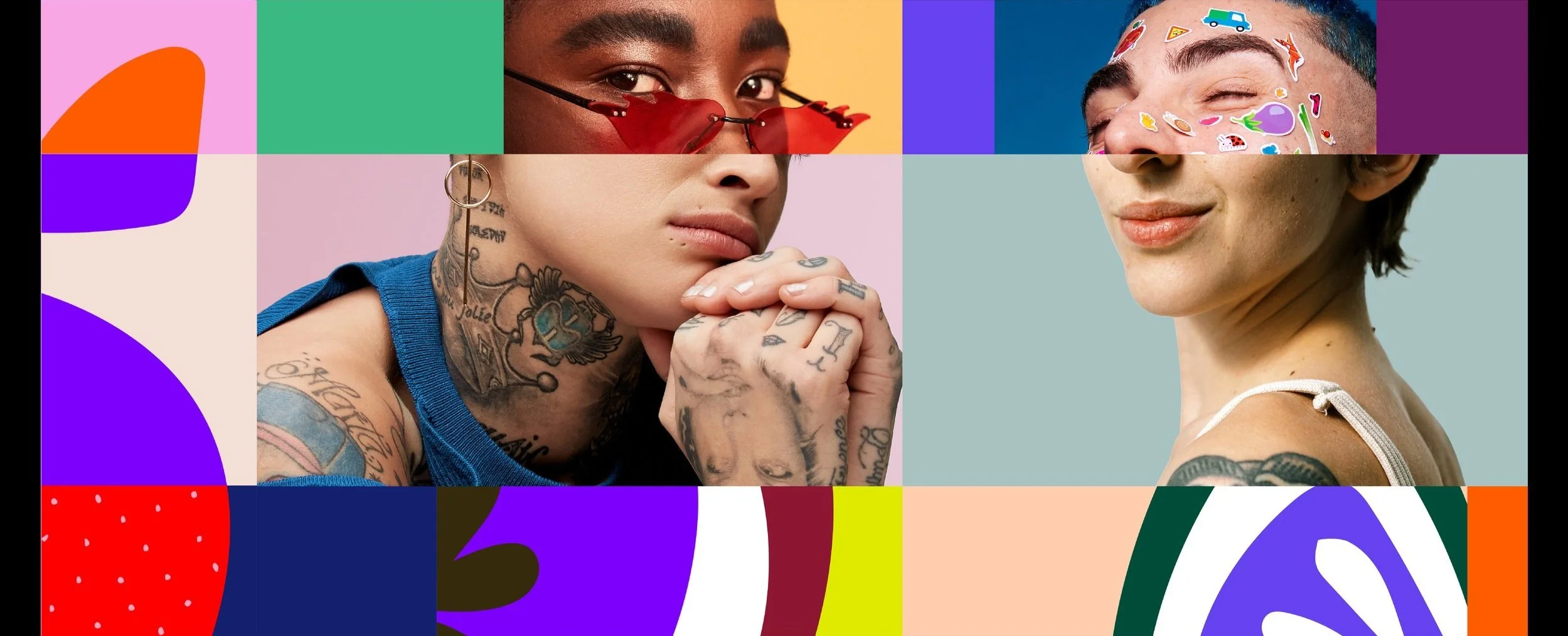 Photography pairs with our bespoke illustrations to create quirky visuals that embody unique combinations and blends of flavors and experiences.
Bold colors, shapes, textures, and photography shift across each horizontal block, in order to create c