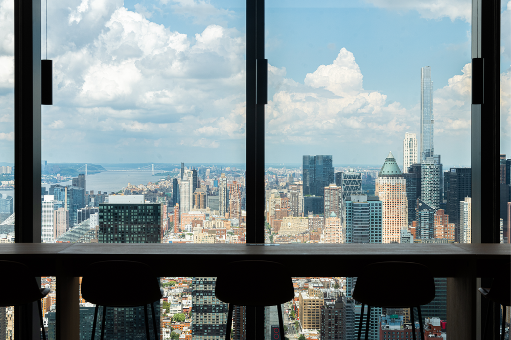 Interior of One Manhattan West overlooking NYC skyline