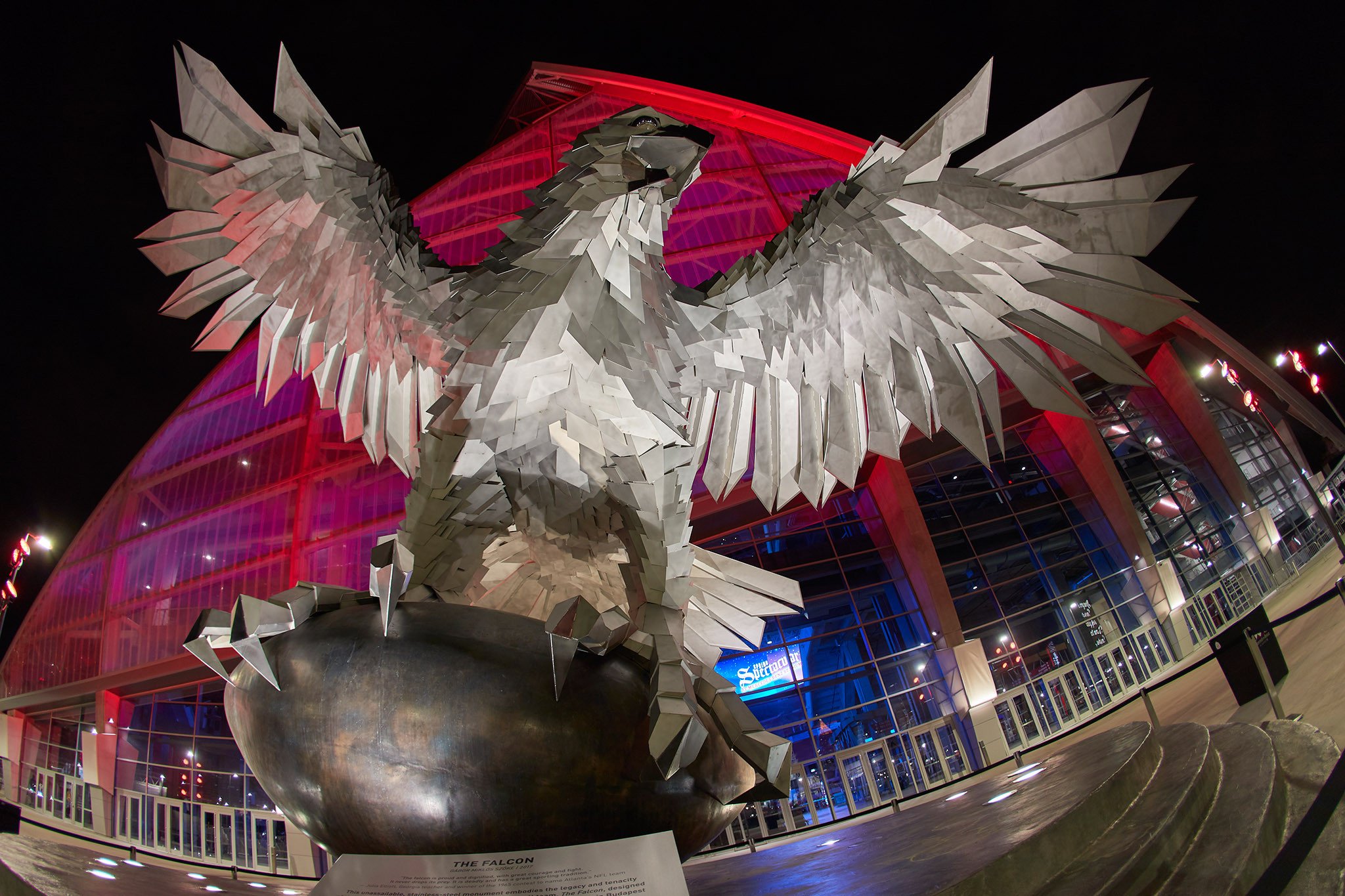Steel falcon sculpture outside the entrance of the stadium