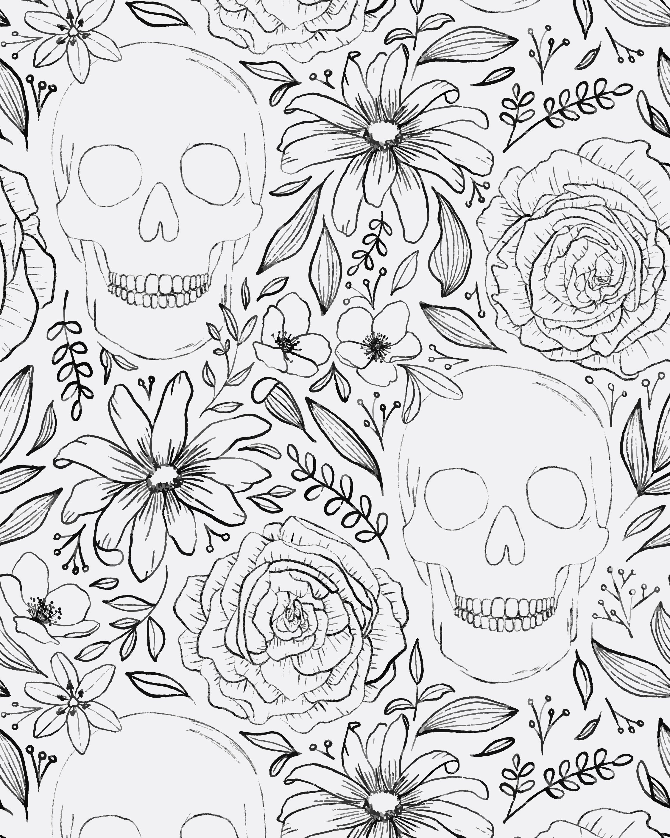 Black and white line art flowers and skulls illustration