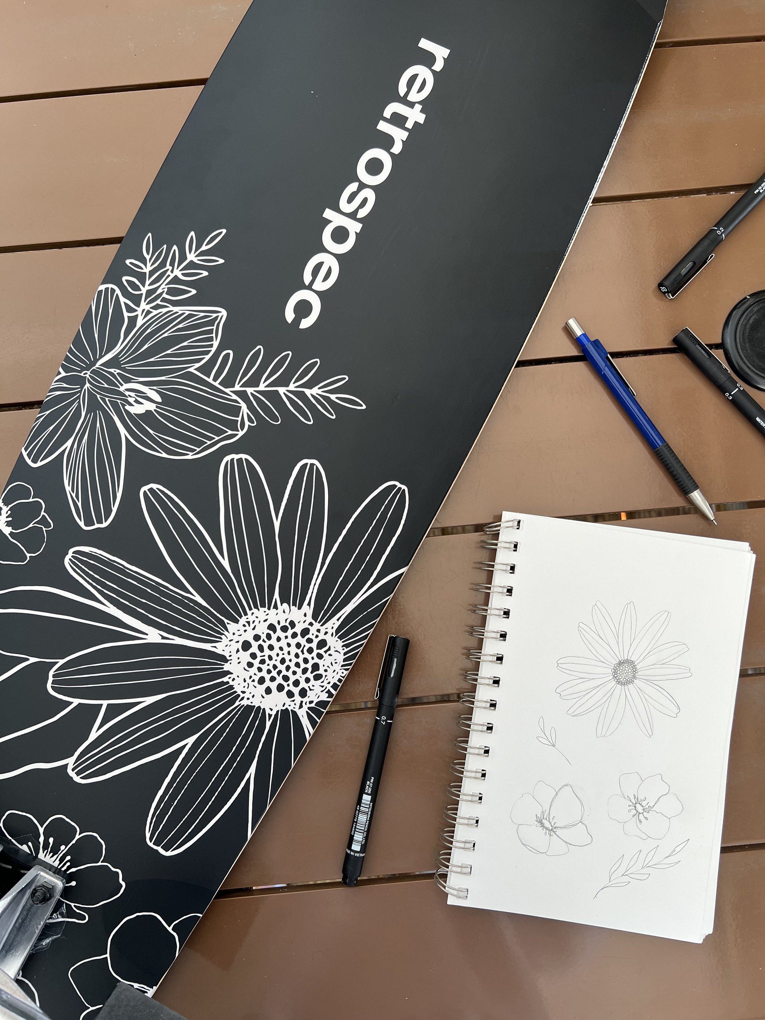 Boho Florals Retropec Zed longboard design and sketchbook