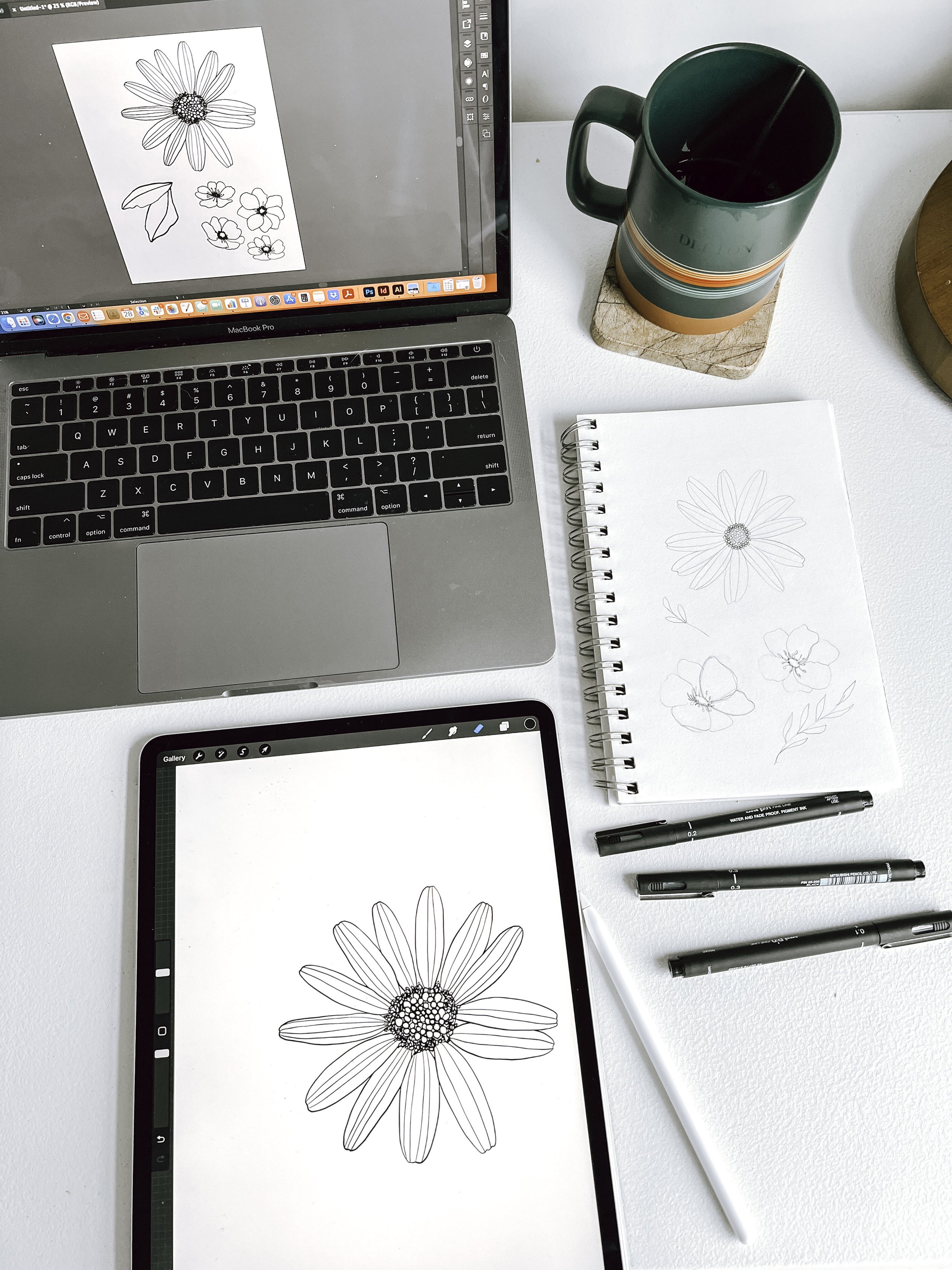 Floral illustration on paper, IPad, and in Adobe Illustrator