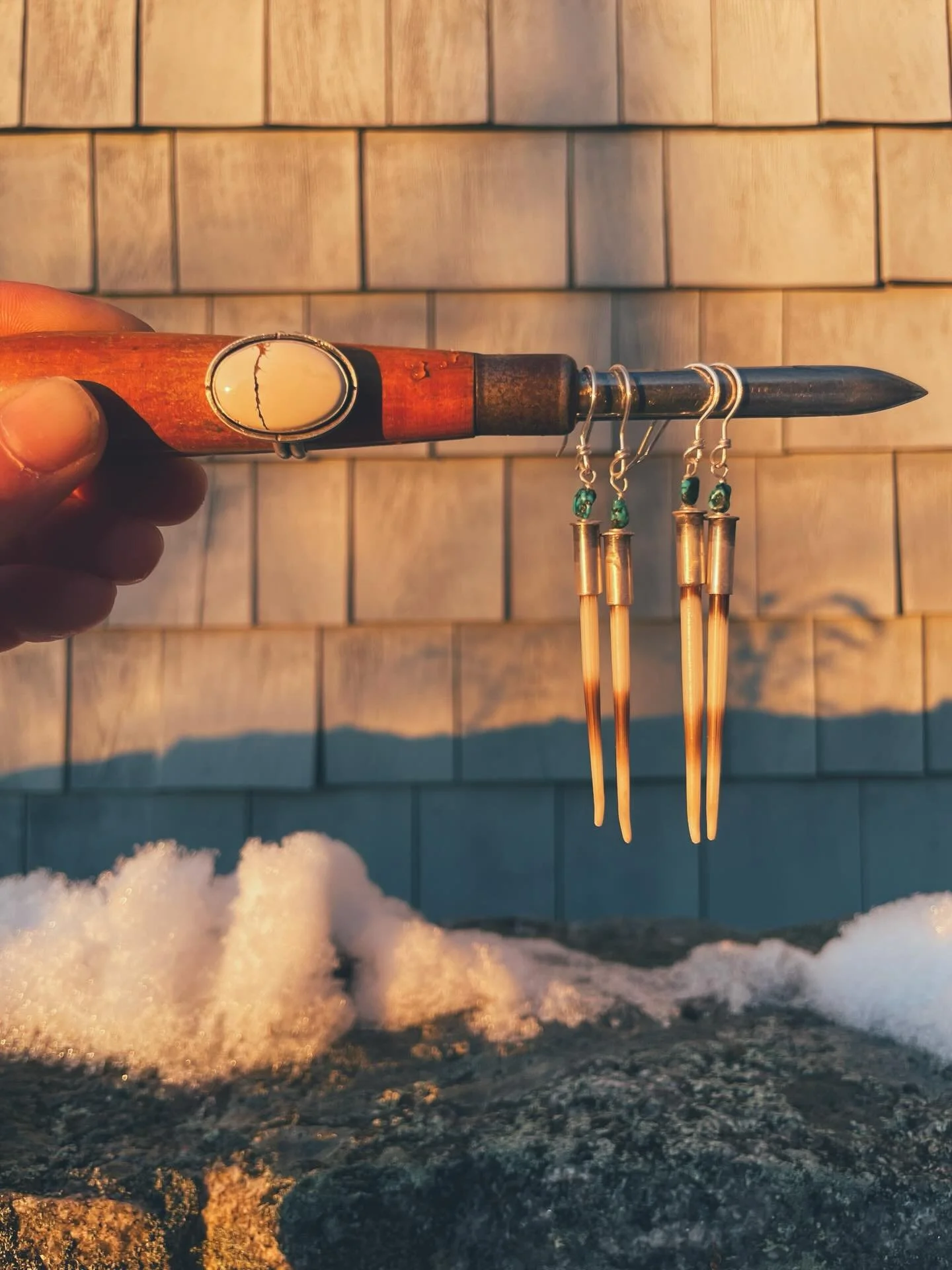 One of the first earring designs I made were turquoise and porcupine quills.. I think I made about 20 pairs before retiring the design, feeling like I could do it better.  5 years later- I have taken the bones of the old design, turquoise beads, larg