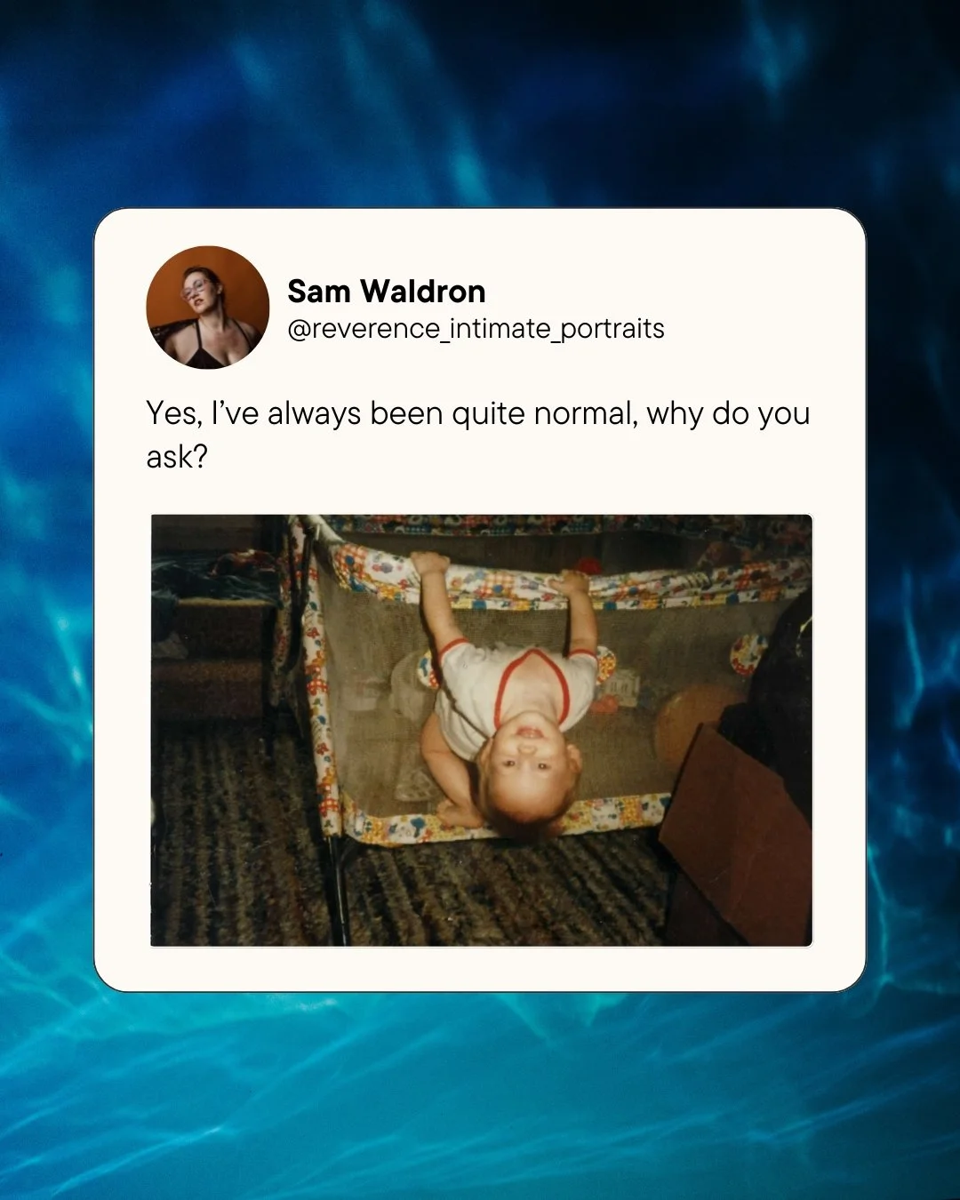 j/k, I have never once in my life been called normal 😂🫣
.
.
.
.
.
[Image Description: A social media style meme that says &quot;Yes, I've always been quite normal, why do you ask?&quot; and below is a photo of Sam, a white woman, as a baby in the e
