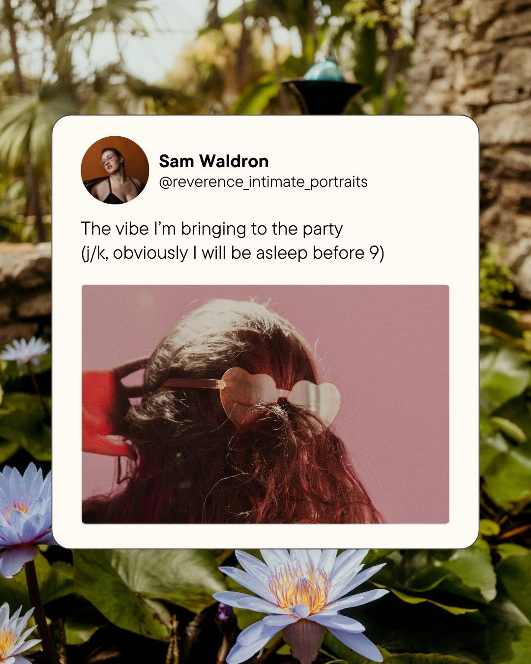 I love the IDEA of a fun party, but in reality, I love being in my bed by 9 PM and reading until I doze off. &macr;\_(ツ)_/&macr; But rest assured, if I 𝘢𝘮 ever at a party, I will be very weird. 
.
.
.
.
.
[Image Description: A social media style po