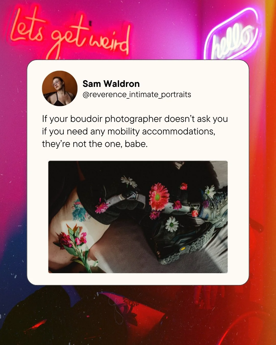 Asking about any disability or mobility-related accommodations well ahead of your session, is the 𝘣𝘢𝘳𝘦 𝘮𝘪𝘯𝘪𝘮𝘶𝘮 an inclusive photographer should be doing to make sure you feel comfortable and safe. And if that's not something they're doing.