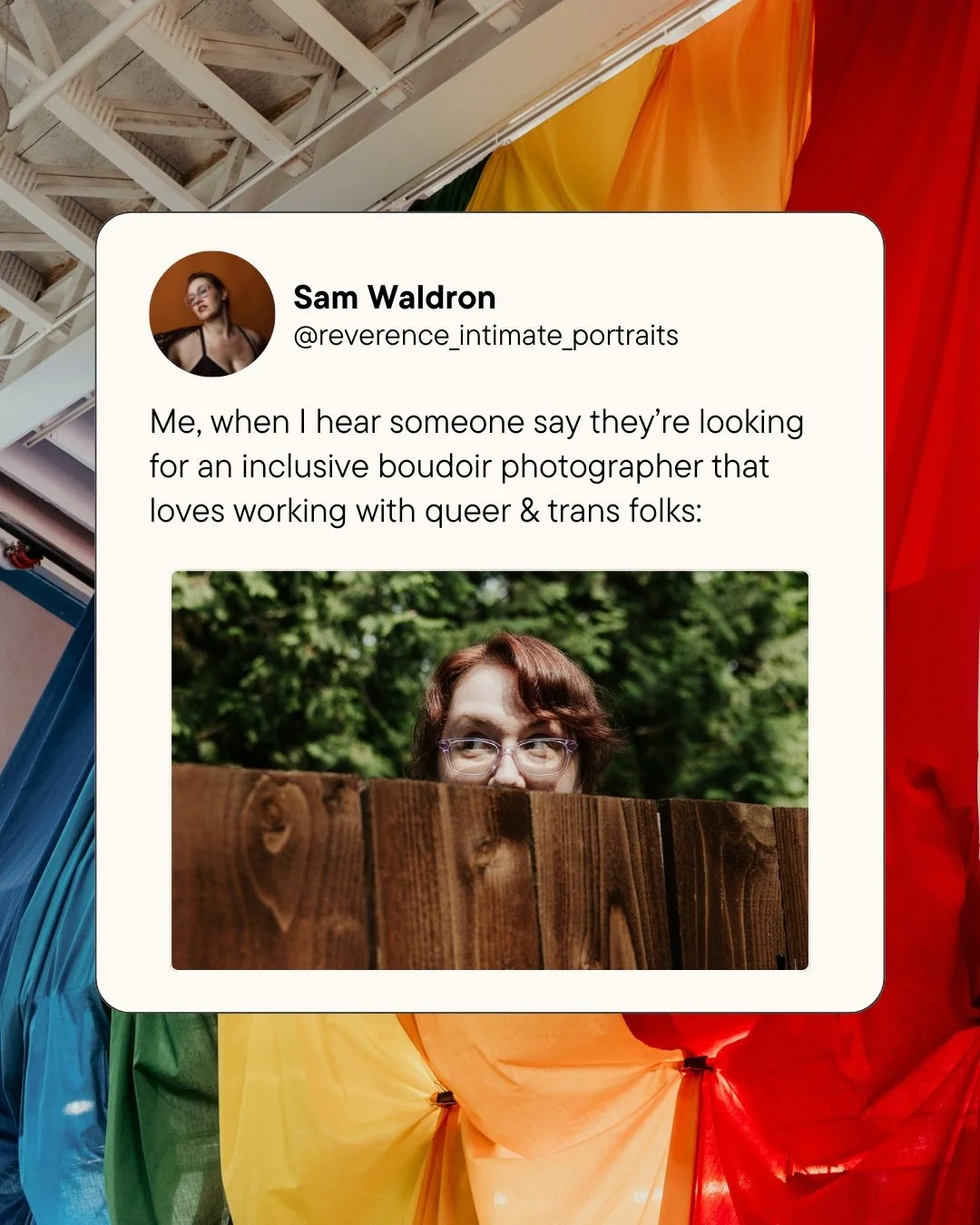 Were my ears just ringing? 😍🏳️&zwj;🌈🏳️&zwj;⚧️❤️
.
.
.
.
.
.
[Image Description: A social media style post that says &quot;Me, when I hear someone say they're looking for an inclusive boudoir photographer that loves working with queer &amp; trans 