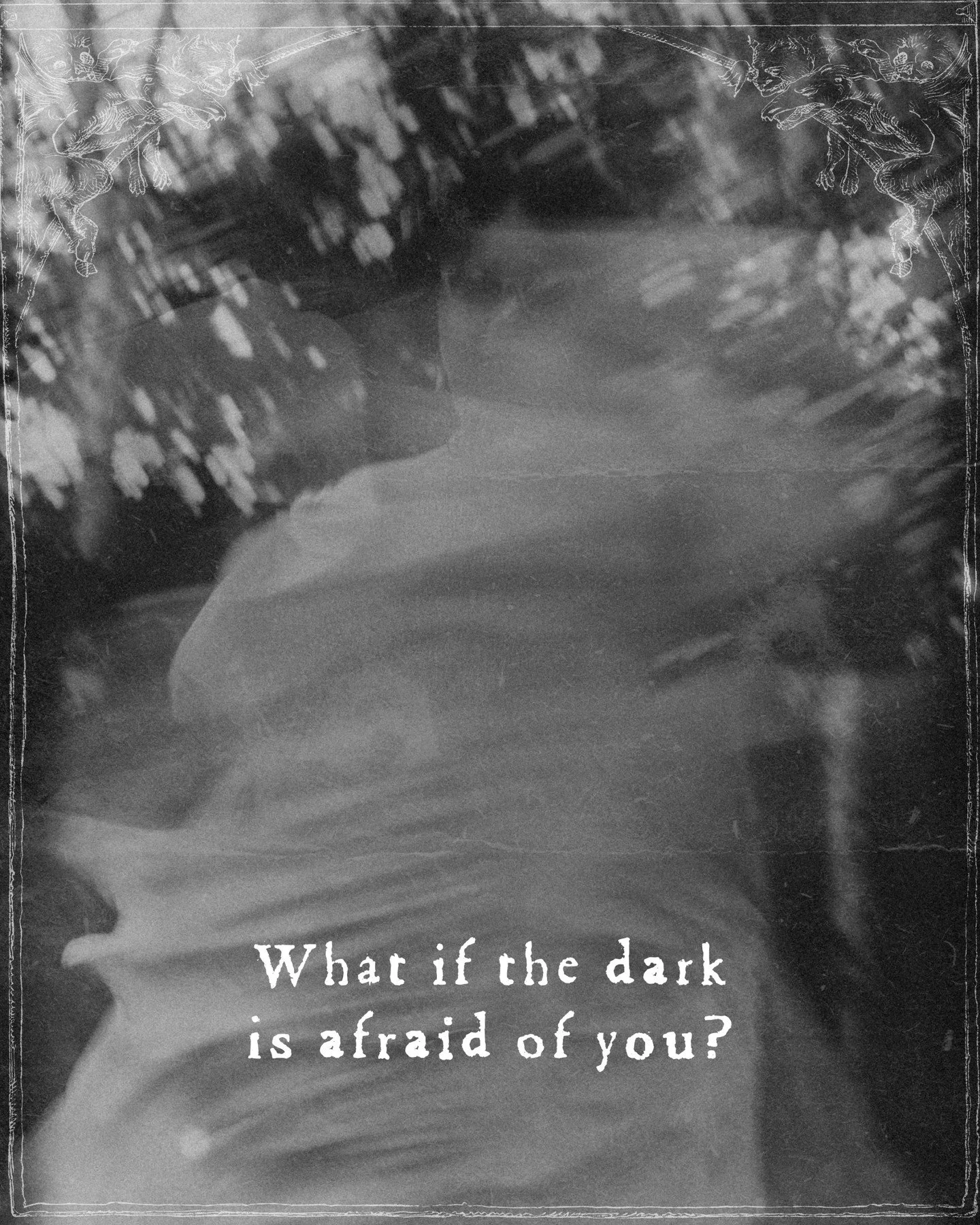 What if the dark is afraid of you, friend? Because you're that f*cking powerful and magical. 🦄
.
.
.
.
.
.
[Image Description: A black and white grainy, blurry photo of a Black woman swooping a dress in front of trees. There is a double exposure of 