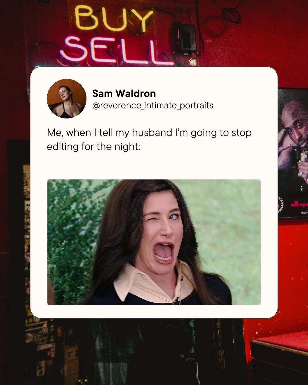 Sure, I'll stop editing. I can stop anytime I want 😉
.
.
.
.
.
[Image Description: An image of a social media style post that says &quot;Me, whenever I tell my husband I'm going to stop editing for the night:&quot; with a picture of Kathryn Hahn doi
