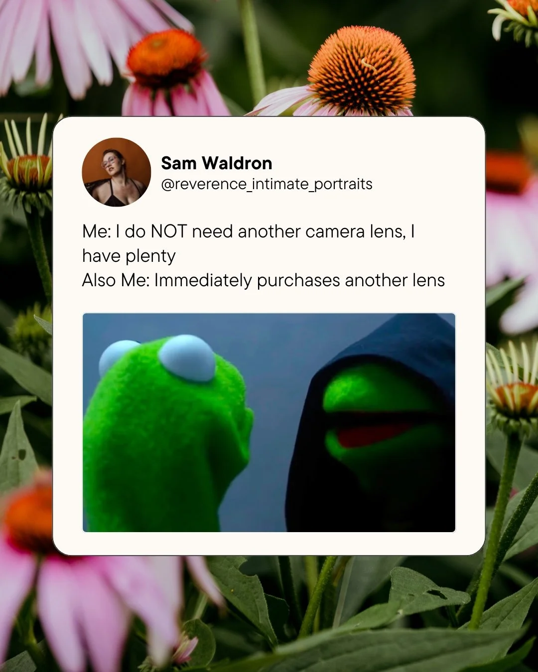 Guilty 🫣
.
.
.
.
.
.
[Image Description: A social media style post that says &quot;Me: I do NOT need another camera lens, I have plenty. Also Me: Immediately purchases another lens.&quot; and then an image of Kermit the Frog opposite a hooded versio